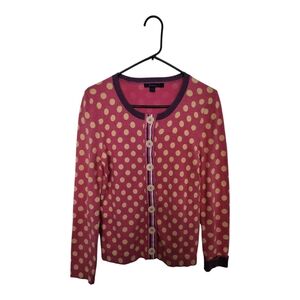 BODEN Women's Button Up Cardigan Size:12 Pink Purple Trim Polka Dot Sweater Top